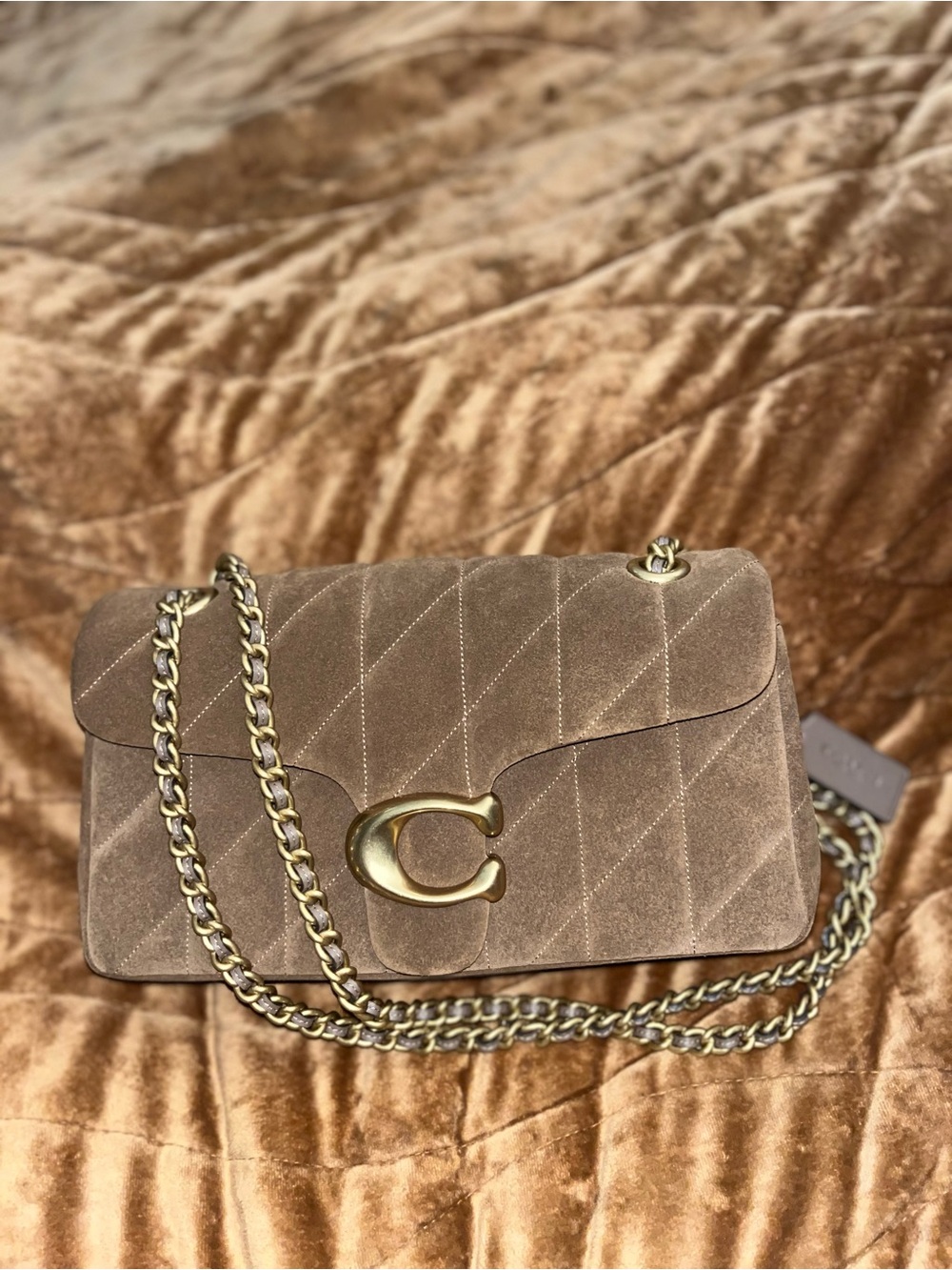 Brown Coach Quilted Suede Shoulder Bag with Brass Hardware